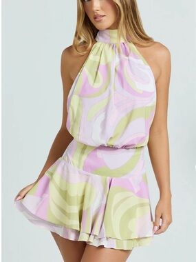 New With Tags! Halter Mini Dress in Pastel Pink & Sage Swirl